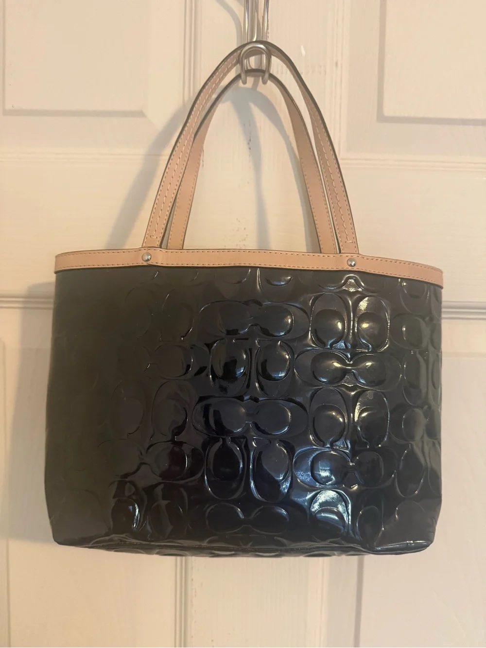 Coach Black Patent Tote with Light Tan Handles